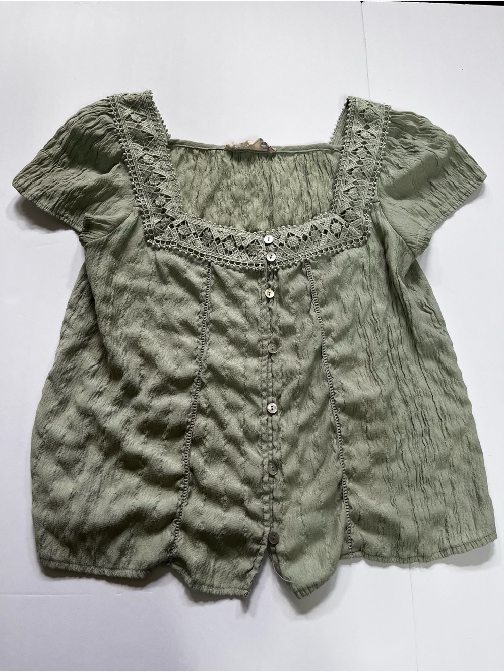 Pink Republic Boho Peasant Style Blouse with Square Neckline Light Sage Green